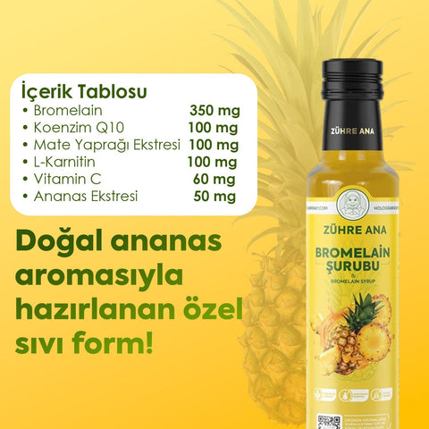 Zühre Ana Bromelain Şurubu 250 ml doğal ananas ekstresili takviye edici gıda