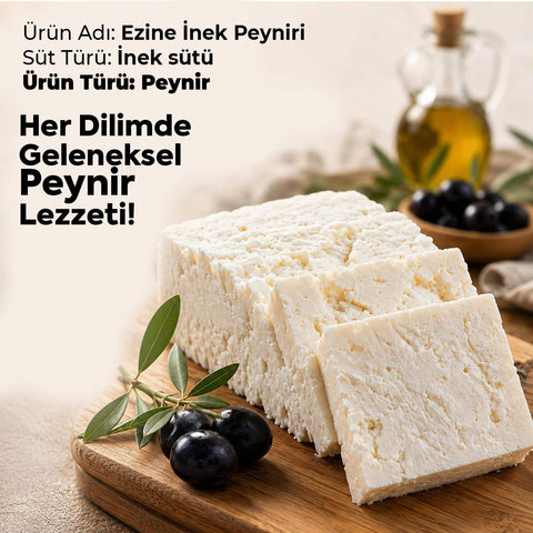 Çanakkale Ezine Peyniri, beyaz ve ufalanabilir dokulu inek peyniri; kalın dilimler hâlinde sunuluyor.