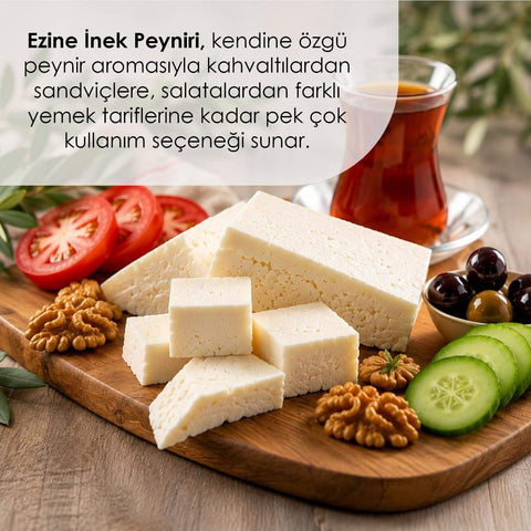 Çanakkale Ezine Peyniri, beyaz ve gözenekli dokulu inek peyniri; dilimlenmiş parçalarıyla servis ediliyor.
