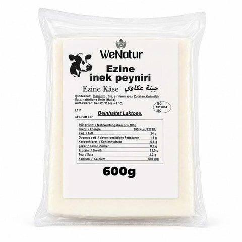 Çanakkale Ezine Peyniri, vakumlu şeffaf ambalajında görünen beyaz renkli, dikdörtgen inek peyniri, 600 g