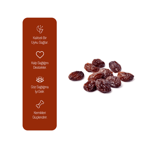 Çekirdeksiz Siyah Üzüm 400gr; doğal kuru üzüm, besin değerleri ve sağlık faydaları içeren görsel.