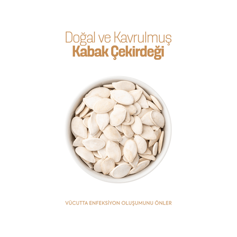 Kavrulmuş Kabak Çekirdeği 250gr - Doğal ve kavrulmuş kabak çekirdekleri beyaz kase içinde.