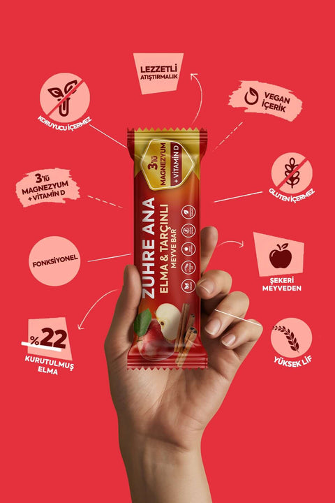 ELMA & TARÇINLI MEYVE BAR 12 adet - Lezzetli ve sağlıklı atıştırmalık, vegan içerik, gluten içermez.