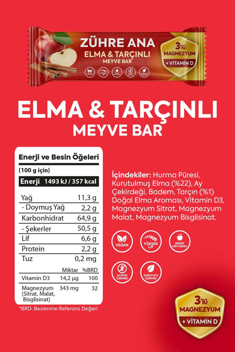 ELMA & TARÇINLI MEYVE BAR 12 adet - Sağlıklı elma ve tarçın aromalı atıştırmalık, yüksek lif ve magnezyum içerir.