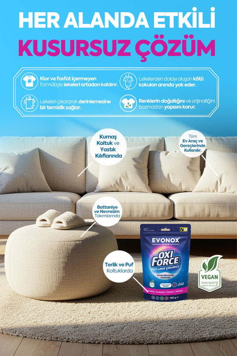 Oxi Force Toz Leke Çıkarıcı 750 gr, Evonox Clean, temizlik ürünü, oksijen bazlı formül, etkili leke çıkarıcı, vegan.