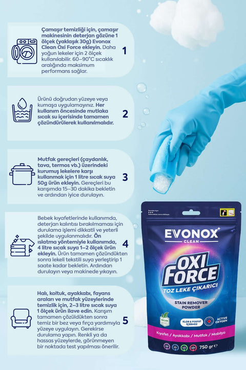 Oxi Force Toz Leke Çıkarıcı 750 gr ile leke çıkarma adımlarını gösteren temizlik infografi.