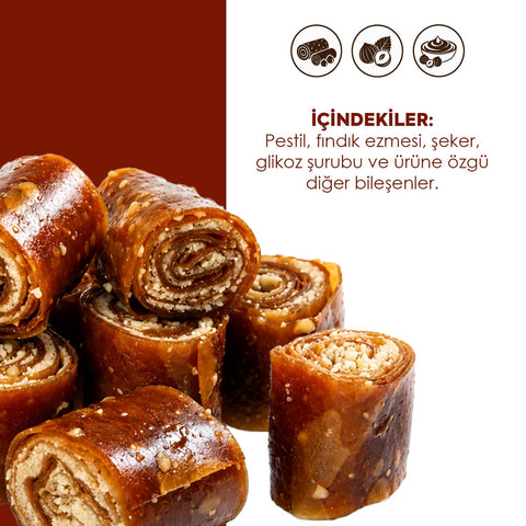 Fındık Ezmeli Sarma Pestil 350g, doğal meyve şırasından hazırlanmış elastik pestil yaprağının içinde kavrulmuş fındık ezmesi ile üretilmiş geleneksel Anadolu ve Karadeniz lezzeti