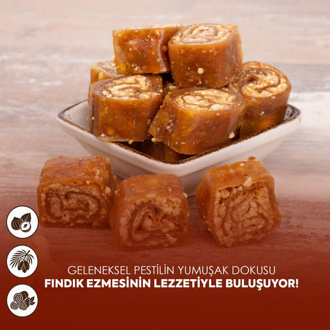 Fındık Ezmeli Sarma Pestil 350g WeNatur ürünü, geleneksel Anadolu lezzetine sahip katkısız ve glutensiz doğal atıştırmalık