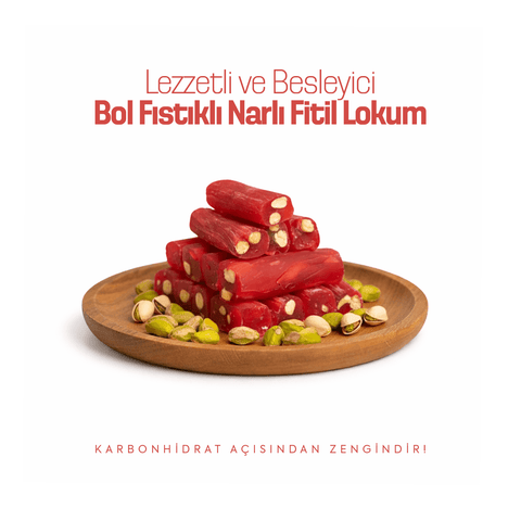 Narlı Antep Fıstıklı Sultan Fitil Lokum 1000g, nar ve fıstık içeren geleneksel Türk tatlısı