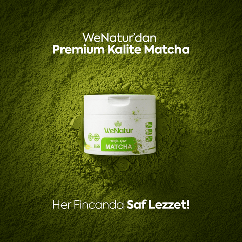 WeNatur Matcha Yesil Cay Tozu 50g premium matcha powder packaging on green background