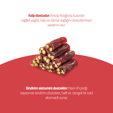 Narlı Antep Fıstıklı Sultan Fitil Lokum 1000g, sağlıklı Antep fıstığı ve nar aromasını içeren geleneksel tatlı.