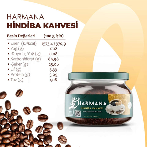 Harmana Hindiba Kahvesi 150g ürün besin değerleri ve kahve çekirdekleri ile birlikte görsel.