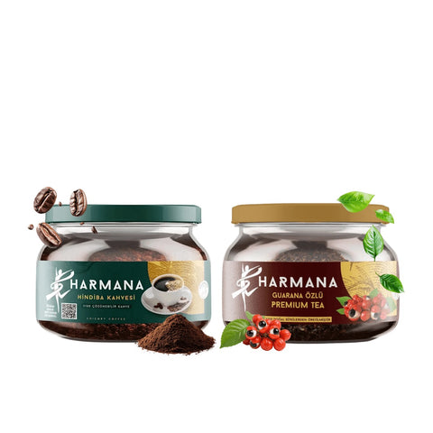 Harmana Hindiba Kahvesi & Guarana Özlü Premium Çay Seti ürün görseli, yan yana iki ambalaj.