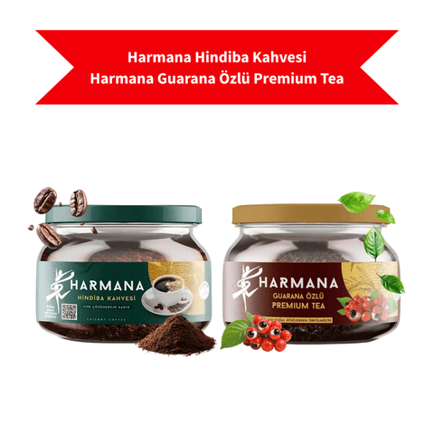 Harmana Hindiba Kahvesi & Guarana Özlü Premium Çay Seti ürün görseli, yan yana iki ambalaj.