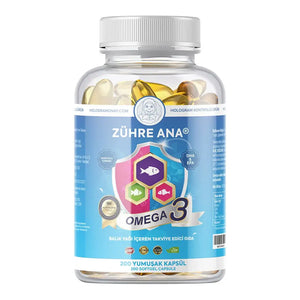 Zühre Ana Omega-3 Balık Yağı 200 kapsül, balık yağı ve E vitamini içeren takviye edici gıda Türkiye menşeli