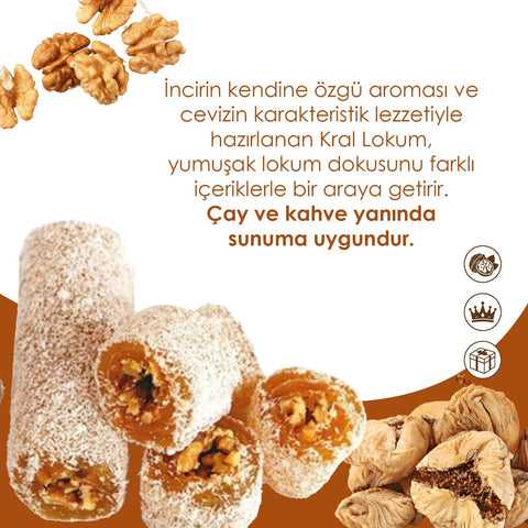İncirli ve Cevizli Rulo Lokum 350g, hindistan cevizi kaplamalı Türk lokumu