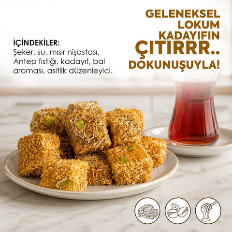 Kadayıflı Antep Fıstıklı Lokum, %12 Antep fıstığı ve kavrulmuş kadayıf ile geleneksel Türk tatlısı