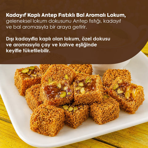 Kadayıflı Antep Fıstıklı Lokum, %12 Antep fıstığı ve kavrulmuş kadayıf içeren geleneksel Türk tatlısı