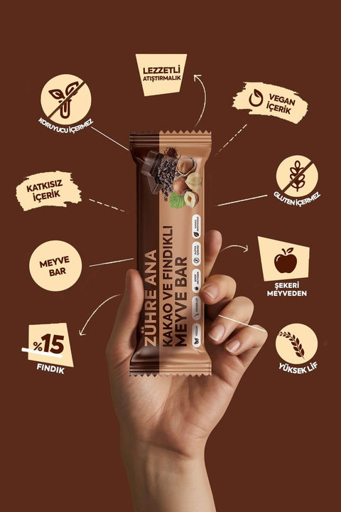 KAKAO VE FINDIKLI MEYVE BAR 12 adet, vegan, glütensiz, %15 fındık içeren sağlıklı atıştırmalık.