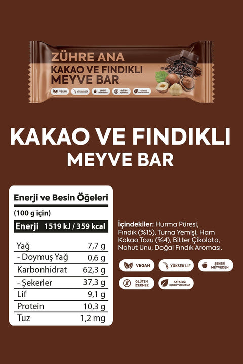 KAKAO VE FINDIKLI MEYVE BAR 12 adet, sağlıklı atıştırmalık, enerji ve besin değerleri bilgileri ile birlikte.