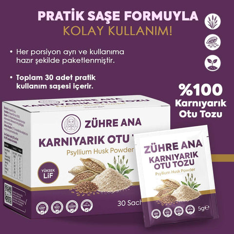 Zühre Ana Karnıyarık Otu Tozu 30 Saşe 150g yüksek lifli Psyllium Husk