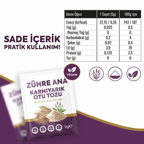 Zühre Ana Karnıyarık Otu Tozu 30 Saşe 150g yüksek lifli psyllium husk