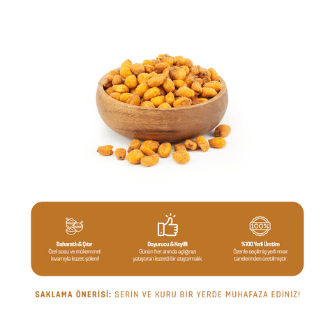 alt_tag: Kavrulmuş Mısır 600g çıtır mısır atıştırmalığı, ahşap kasede servis edilmiştir.