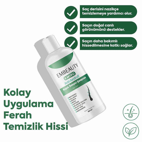 Kepek Önleyici Şampuan EMBEAUTY 400 ml, 9 aktif bileşenli saç derisi temizleme ürünü
