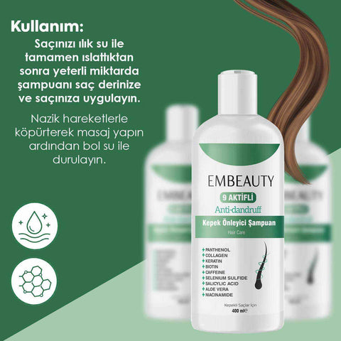EMBEAUTY kepek önleyici şampuan 400 ml, saç derisi temizliği ve nem dengesi için