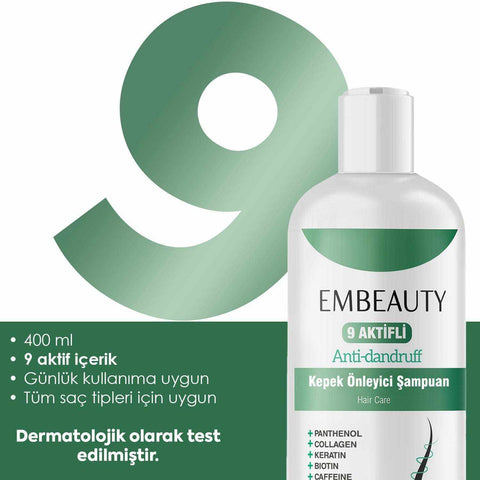 Kepek Önleyici Şampuan EMBEAUTY 400 ml, 9 aktif bileşenli saç derisi bakım ürünü