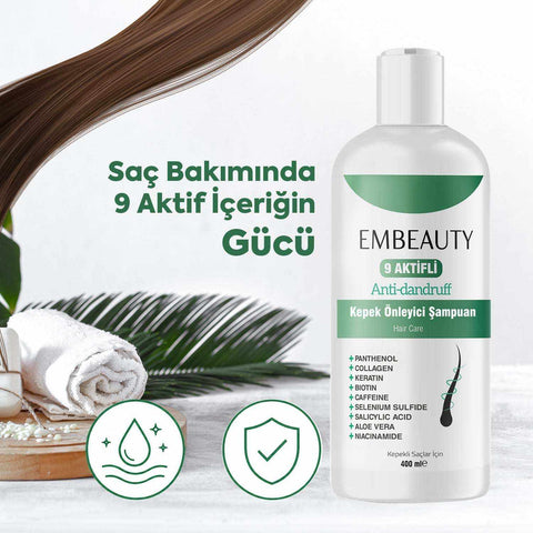 EMBEAUTY kepek önleyici şampuan 400 ml, panthenol ve keratin içeren saç derisi temizleme ürünü