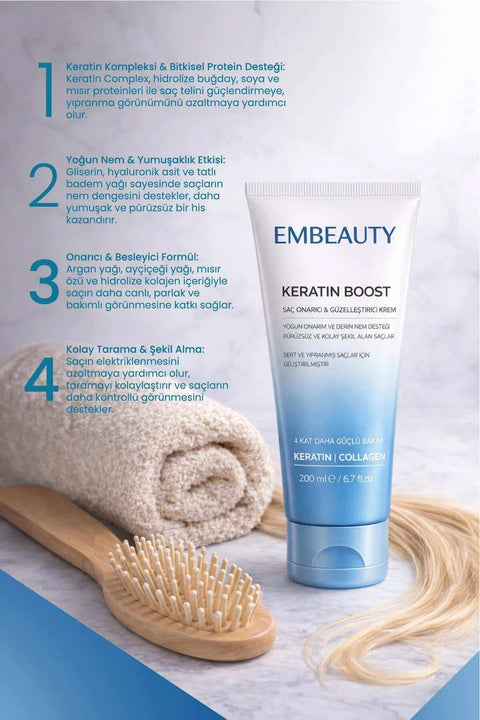 EMBEAUTY Keratin Boost 200 ml keratin saç maskesi, yıpranmış saçlar için yoğun bakım kremi