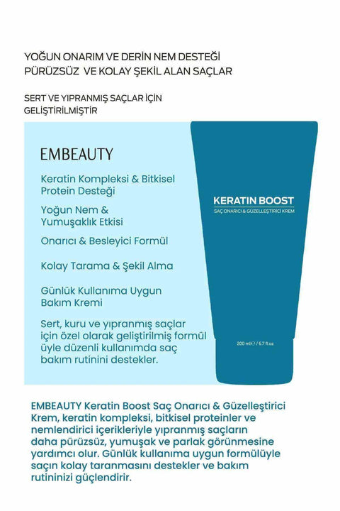 EMBEAUTY Keratin Boost 200 ml keratin saç maskesi, yıpranmış saçlar için yoğun bakım kremi