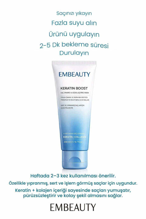 EMBEAUTY Keratin Boost 200 ml keratin saç maskesi, sert ve yıpranmış saçlar için yoğun bakım kremi