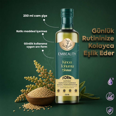 Kinoa Tohumu Sirkesi EMBEAUTY Doğal Fermente 250 ml cam şişe