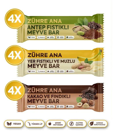 Meyve Bar Deneme Paketi 12 adet, 4 adet Antep Fıstıklı, Yer Fıstıklı ve Muzlu, Kakao ve Fındıklı barları.