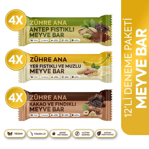 Meyve Bar Deneme Paketi 12 adet, 4 adet Antep Fıstıklı, Yer Fıstıklı ve Muzlu, Kakao ve Fındıklı barları.