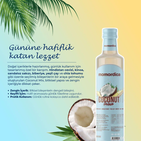 alt_tag: Momordica Coconut Mix Hindistan Cevizi Karışımı 250ml şişesi, doğal içeriklerle zenginleştirilmiş bir içecek.