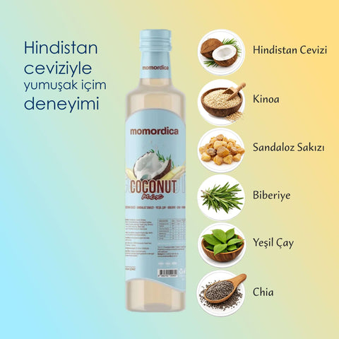 Momordica Coconut Mix Hindistan Cevizi Karışımı 250ml şişesi, içindekiler ve özellikleriyle birlikte.