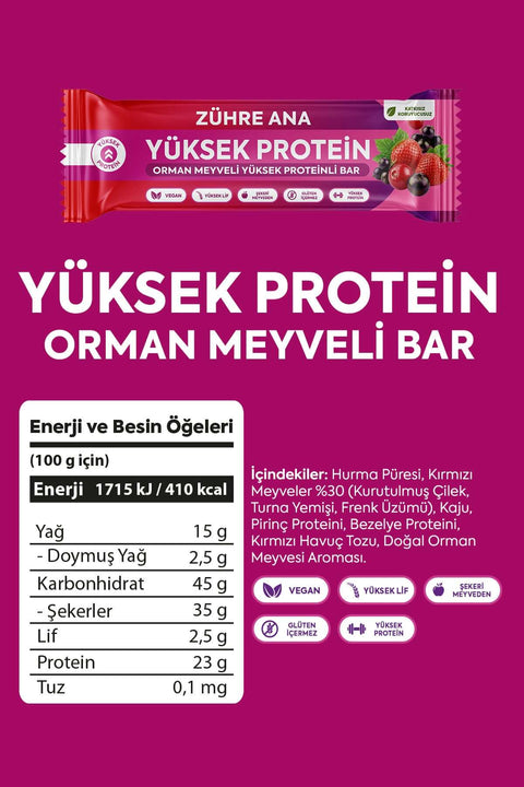 ORMAN MEYVELİ YÜKSEK PROTEİNLİ BAR 12 adet ambalajı ve besin değerleri bilgisi.