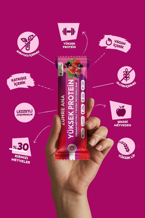 orman meyveli yüksek proteinli bar 12 adet ambalajı, yüksek protein, vegan, katkısız, gluten içermeyen atıştırmalık