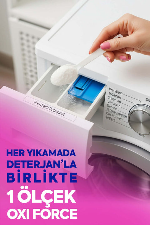 Oxi Force Toz Leke Çıkarıcı 750 gr, çamaşır makinesinde deterjan ile kullanılmakta.