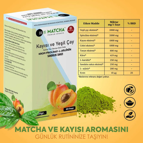 Premium Japon Matcha Çayı Kayısı Aromalı 20 Saşe 160g Bilge İlaç yeşil çay spirulina takviye ürünü
