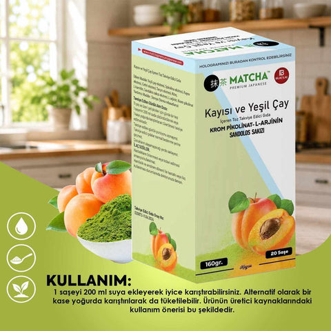 Bilge İlaç Premium Japon Matcha Çayı Kayısı Aromalı 20 Saşe 160g paket