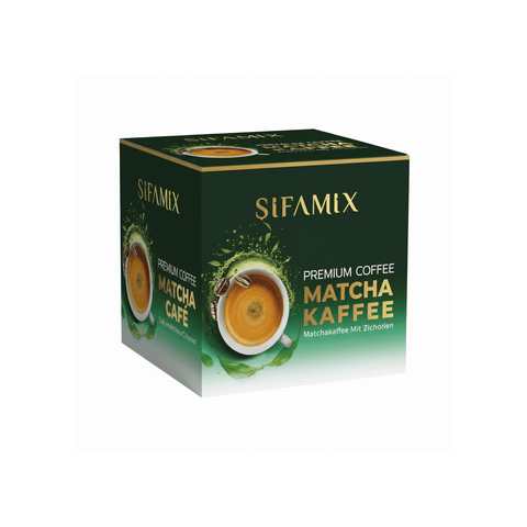 Şifamix Premium Matcha Kahvesi ambalajı, yerel malzemelerle taze ve sağlıklı bir içecek sunuyor.