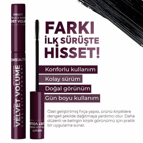 EMBEAUTY Velvet Volume siyah maskara, hacimli ve kıvırcık kirpik görünümü için