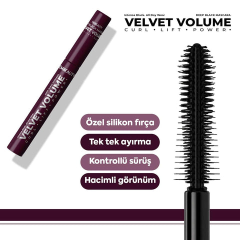 EMBEAUTY Velvet Volume siyah maskara, yoğun siyah formül ve özel fırça tasarımı ile hacimli ve doğal kirpik görünümü sağlayan günlük kullanıma uygun göz makyaj ürünü