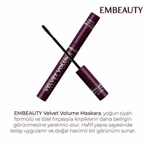 EMBEAUTY Velvet Volume Curl Lift Power siyah maskara, yoğun hacim ve doğal görünüm için tasarlanmış göz makyaj ürünü