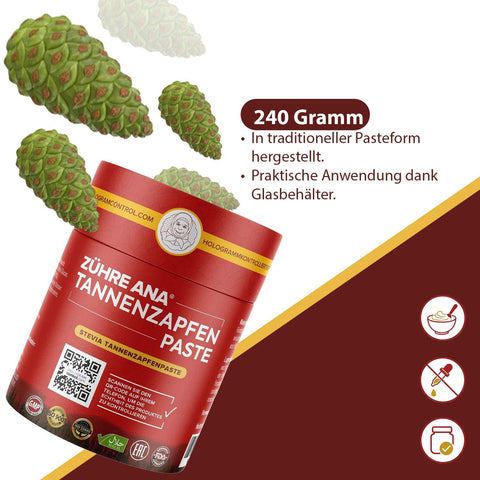 Stevia Katkılı Kozalak Macunu 240 g macun formu ve çam kozalakları