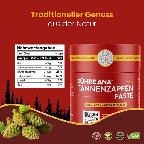 Zühre Ana Stevia Katkılı Kozalak Macunu kavanozu ve besin değerleri tablosu (100 g)